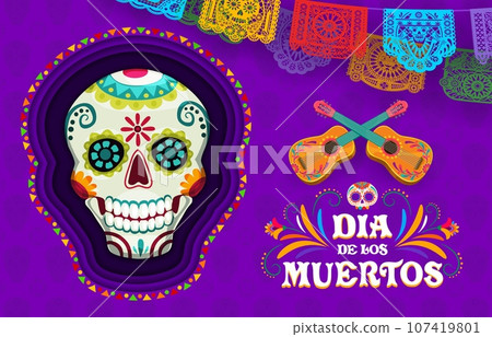 Day of the Dead Dia De Los Muertos paper cut banner with calavera skull and holiday papel picado garland. Vector mexican holiday ofrenda altar sugar skull and crossed guitars with flowers pattern 107419801