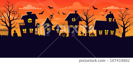 Halloween town silhouette of night city street landscape. Vector houses with trick or treat holiday pumpkins, spooky bats and cemetery tombstone, creepy trees, cat, spider web on sunset sky background 107419802