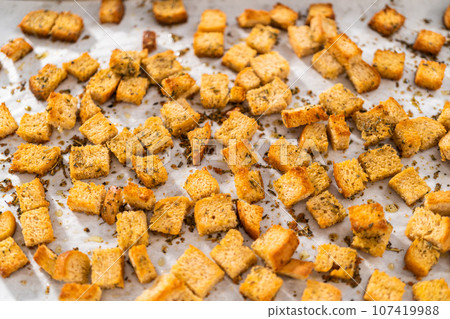 Cooling freshly dried croutons on a baking sheet lined with parchment paper. Cooling freshly dried croutons on a baking sheet lined with parchment paper. 107419988