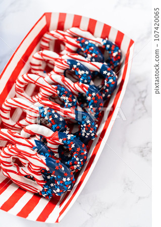 American flag. Red, white, and blue chocolate-covered pretzel twists. American flag. Red, white, and blue chocolate-covered pretzel twists. 107420065