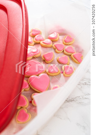 Storing heart-shaped sugar cookies with pink and white royal icing in a large plastic container. Storing heart-shaped sugar cookies with pink and white royal icing in a large plastic container. 107420256