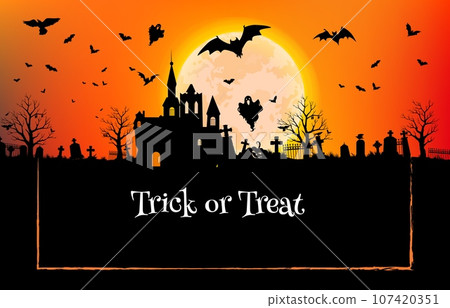 Halloween castle silhouette with ghosts, bats and cemetery landscape, vector trick or treat holiday. Halloween horror night pumpkins, creepy tombstone crosses and trees on full moon sky background Halloween castle silhouette with ghosts, bats and cemetery landscape, vector trick or treat holiday. Halloween horror night pumpkins, creepy tombstone crosses and trees on full moon sky background 107420351
