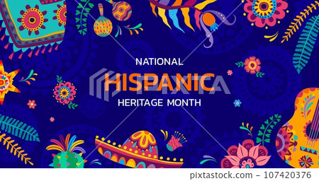 National Hispanic heritage month banner with tropical flowers and sombrero, holiday festival vector background. Hispanic Americans culture, traditions and art heritage poster with poncho and guitar 107420376