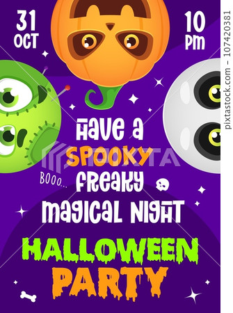 Halloween party flyer with cartoon holiday monster heads. Vector invitation banner with spooky pumpkin, skull and voodoo doll faces invite for spooktacular night celebration, filled with eerie fun Halloween party flyer with cartoon holiday monster heads. Vector invitation banner with spooky pumpkin, skull and voodoo doll faces invite for spooktacular night celebration, filled with eerie fun 107420381