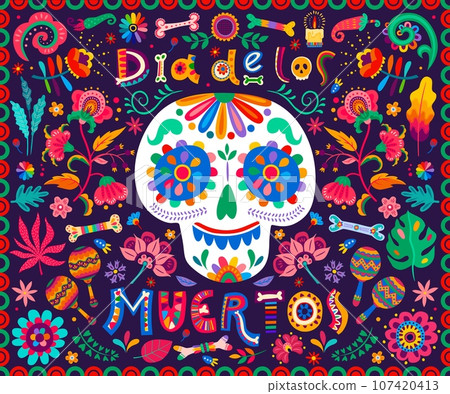 Dia de Los Muertos or Day of Dead Mexican holiday vector banner with tropical flowers and candles. Calavera sugar skull and bones in floral pattern ornament of Mexican maracas and chili peppers 107420413
