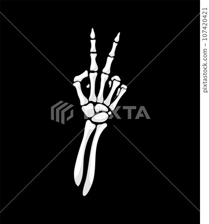 Skeleton hand forming the iconic V for victory gesture. Isolated vector skeletal arm with outstretched bony fingers, symbolizing triumph and success with eerie, Halloween charm 107420421