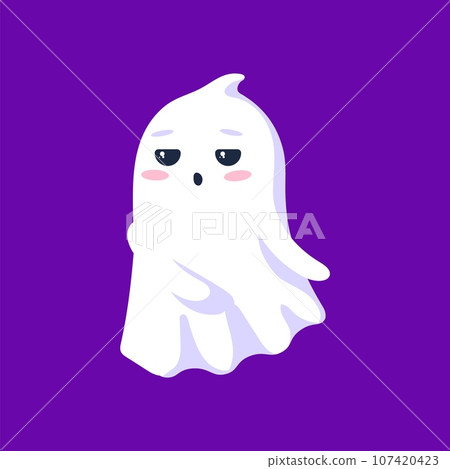 Halloween kawaii ghost with rosy cheeks and a mischievous face, floats playfully, radiating an endearing and friendly aura, saying boo. Isolated cute vector spook personage wander at holiday night 107420423