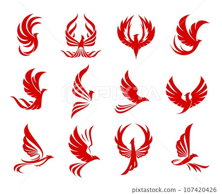 Red phoenix bird icon with fire wings and flaming feathers. Vector fenix firebird, red fire eagle, falcon or hawk flying with raised wings. Fantasy phoenix bird silhouettes set for tattoo or heraldry Red phoenix bird icon with fire wings and flaming feathers. Vector fenix firebird, red fire eagle, falcon or hawk flying with raised wings. Fantasy phoenix bird silhouettes set for tattoo or heraldry 107420426