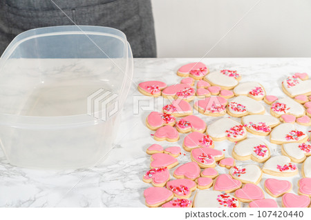 Storing heart-shaped sugar cookies with pink and white royal icing in a large plastic container. Storing heart-shaped sugar cookies with pink and white royal icing in a large plastic container. 107420440
