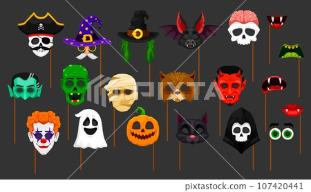 Halloween photo booth masks and props, isolated cartoon vector faces, hats, eyes and mouths. Witch, pumpkin, bat, devil, skull and zombie with ghost, monster brain and clown and mummy with black cat 107420441