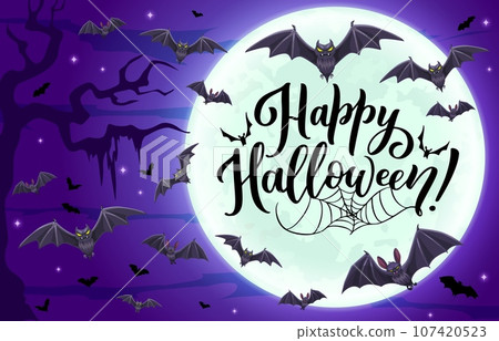 Halloween cloud of flying bats, horror night holiday vector background with midnight moon. Happy Halloween greeting card with creepy vampire bats and spiderweb or cobweb background 107420523