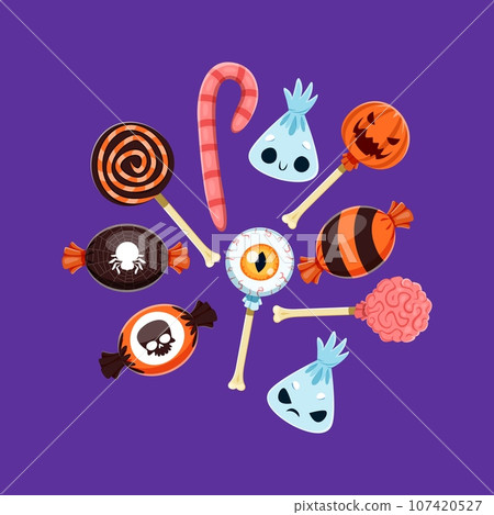 Halloween sweets for trick or treat horror holiday, cartoon vector monster candies. Halloween party sweet pumpkin caramels with brain and ghost boo, eye lollipop and licorice worm marmalade on bones 107420527