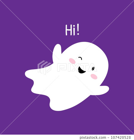 Cartoon ghost, Halloween kawaii character or Hi boo, vector funny happy monster. Halloween holiday and trick or treat party cute ghost emoji or kawaii boo emoticon with Hi greeting and hugs 107420528