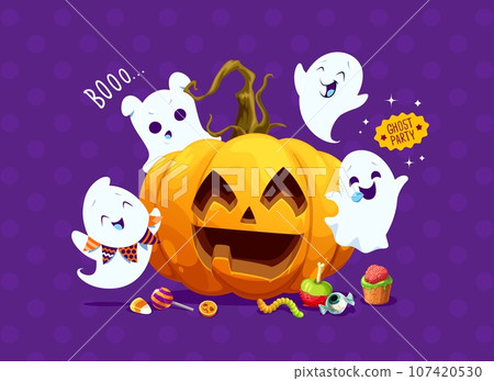 Halloween funny kawaii ghosts and holiday pumpkin with horror night spooky sweets, cartoon vector. Halloween trick or treat holiday party poster with scary pumpkin and funny boo ghosts and candy skull 107420530