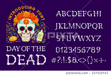 Skeleton bones font, Halloween type and Day of Dead typeface with human bones, vector English alphabet. Mexican Dia de Los Muertos font and text signs with skeleton bones letters for ABC typeface Skeleton bones font, Halloween type and Day of Dead typeface with human bones, vector English alphabet. Mexican Dia de Los Muertos font and text signs with skeleton bones letters for ABC typeface 107420541