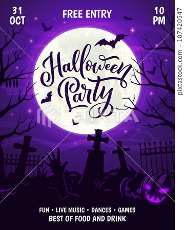 Halloween party flyer with cemetery silhouette and zombie hands, horror night event vector poster. Trick or treat party and Halloween holiday flyer with scary pumpkins and grave tombstones on cemetery Halloween party flyer with cemetery silhouette and zombie hands, horror night event vector poster. Trick or treat party and Halloween holiday flyer with scary pumpkins and grave tombstones on cemetery 107420547