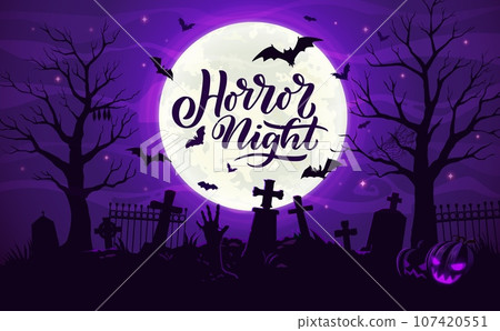 Halloween cemetery landscape with gravestones, flying bats and zombie hands, holiday vector poster. Horror night Halloween celebration banner with midnight moon and dead hands form graves on cemetery Halloween cemetery landscape with gravestones, flying bats and zombie hands, holiday vector poster. Horror night Halloween celebration banner with midnight moon and dead hands form graves on cemetery 107420551
