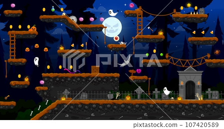 Arcade dark Halloween forest game level map, vector interface with wooden platforms, golden coins on stairs. Ghosts, sweets, pumpkins and zombie hands on cemetery background for Halloween arcade game 107420589
