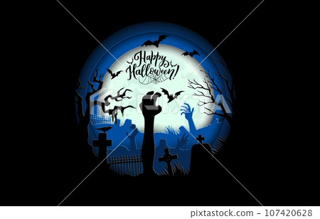 Halloween paper cut banner with zombie hands on cemetery with gravestones, holiday vector background. Happy Halloween greeting with flying bats and moon over graves with undead zombie hands 107420628