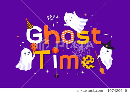 Cartoon Halloween kawaii ghosts, holiday time banner. Vector quote or typography with colorful decorated letters, and cute, adorable phantoms flying around on purple festive Hallowmas background Cartoon Halloween kawaii ghosts, holiday time banner. Vector quote or typography with colorful decorated letters, and cute, adorable phantoms flying around on purple festive Hallowmas background 107420646