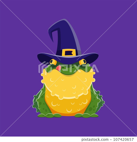 Halloween frog in witch hat for horror night holiday monster and trick or treat party, cartoon vector. Happy Halloween holiday spooky toad frog in witch hat for spooky night celebration 107420657