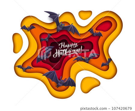 Halloween holiday paper cut banner with cloud of flying bats, horror night vector background. Happy Halloween greeting card in paper cut layers with spooky vampire bats for trick or treat party 107420679