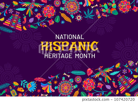 National hispanic heritage month banner with alebrije pattern. Vector festive background for annual hispanic traditional event with tropical flowers, birds or pyramid, bones, jalapeno and cacti plants 107420720
