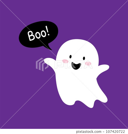 Cartoon Halloween kawaii ghost character with cute mischievous face and raised arms saying boo, while trying to playfully frighten. Vector charming, spooky and adorable spirit flying at holiday night 107420722