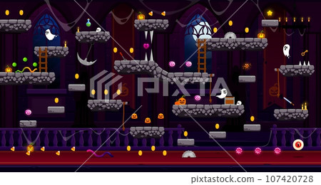 Arcade Medieval Halloween castle, game level map interface with vector stone platforms and golden coins on stairs. Ghosts, sweets and pumpkins in castle background with Halloween monsters and bonuses 107420728