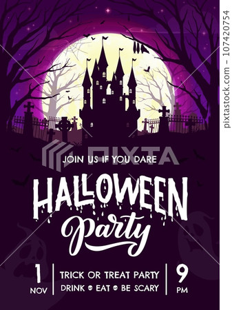 Halloween party flyer with dark castle, cemetery and forest silhouette landscape, vector poster. Trick or treat party and Halloween holiday flyer with haunted castle and tombstones on cemetery Halloween party flyer with dark castle, cemetery and forest silhouette landscape, vector poster. Trick or treat party and Halloween holiday flyer with haunted castle and tombstones on cemetery 107420754
