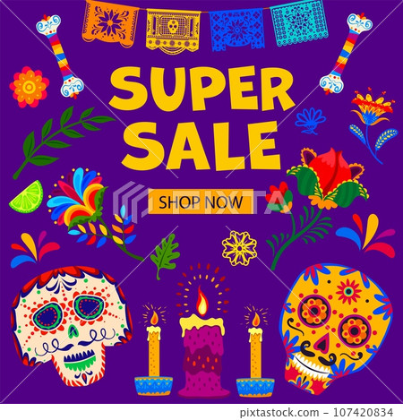 Day of the Dead sale banner, Dia De Los Muertos mexican holiday special offer vector card with skulls and flowers. Cartoon calavera sugar skulls, candles and papel picado flags with flowers and bones Day of the Dead sale banner, Dia De Los Muertos mexican holiday special offer vector card with skulls and flowers. Cartoon calavera sugar skulls, candles and papel picado flags with flowers and bones 107420834