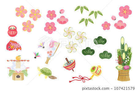 可愛的手寫新年日式素材 可愛的手寫新年日式素材 107421579