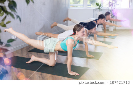 Girl performs bird dog pose, dandayamana hanumanasana, balancing table pose, group class 107421713