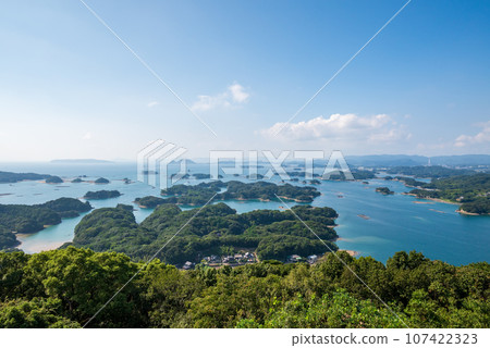 Kujukushima landscape with blue sky with white clouds and blue sea 107422323