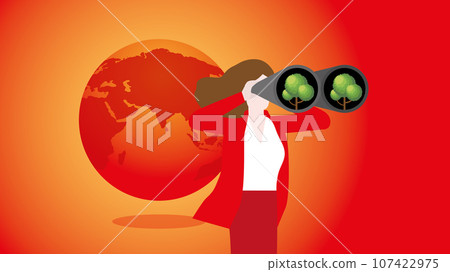 Red hot world and a visonary woman with binoculars look for a tree. 107422975