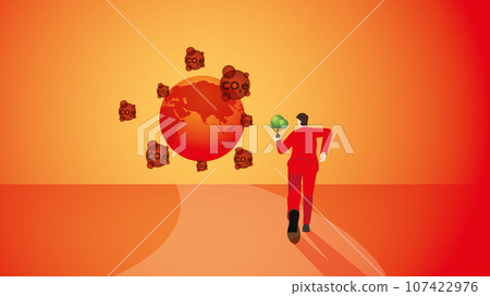 Red hot world with CO2e and a back view of a man with tree. 107422976