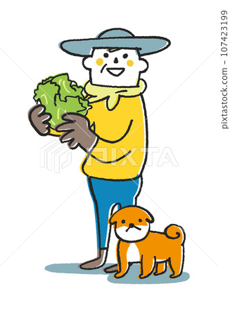 Autumn/winter sowing vegetables - Farmer or home gardener holding lettuce - Illustration material 107423199