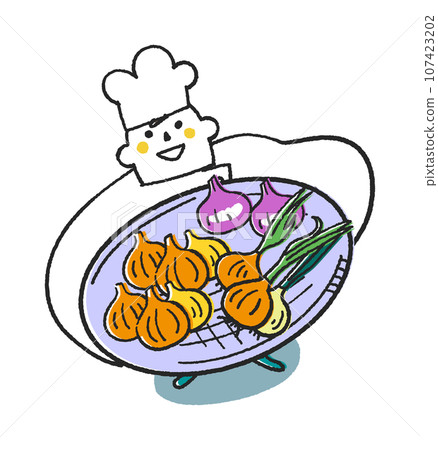 秋冬播種蔬菜-廚師或廚師將大量洋蔥放入大濾鍋中的插圖素材 107423202