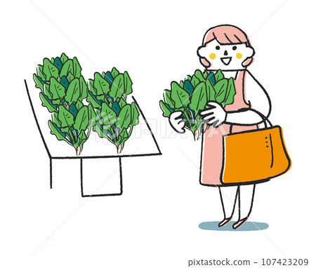 Autumn/winter sowing vegetables - woman or housewife holding spinach in her hands Illustration material Autumn/winter sowing vegetables - woman or housewife holding spinach in her hands Illustration material 107423209
