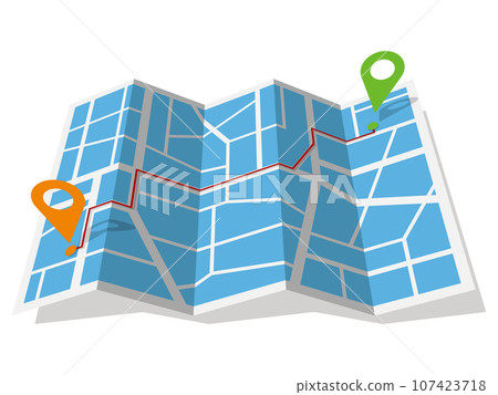 Map with markers showing the access route to the departure point and destination, front view, vector illustration 107423718