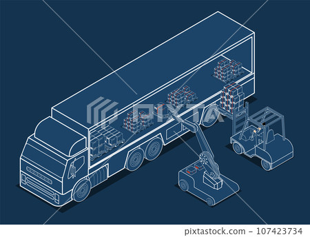 Robotic Arm and Forklift Taking a Cardboard Box from the Truck. Autonomous Robot transportation operation service. Vector illustration eps10 Robotic Arm and Forklift Taking a Cardboard Box from the Truck. Autonomous Robot transportation operation service. Vector illustration eps10 107423734