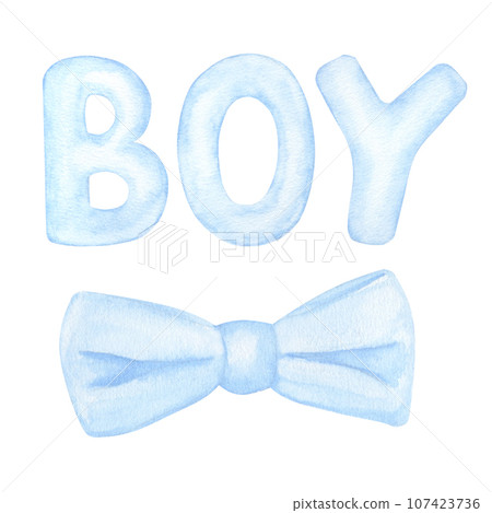Blue bowtie ribbon, word boy. Hand drawn watercolor illustration isolated on white background. Gender reveal party, baby shower, children's design 107423736