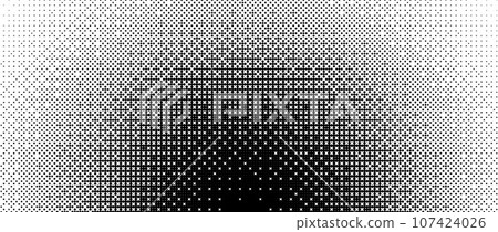 Radial halftone texture. Dotted round gradient pattern background. Abstract 8 bit faded pop art wallpaper. Vanishing spotted pixelated design backdrop for banner, poster, flyer, cover. Vector bitmap Radial halftone texture. Dotted round gradient pattern background. Abstract 8 bit faded pop art wallpaper. Vanishing spotted pixelated design backdrop for banner, poster, flyer, cover. Vector bitmap 107424026