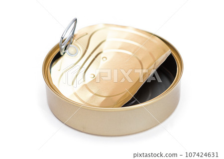 Opened Empty Tin Can With Broken Cover Isolated on White Background Opened Empty Tin Can With Broken Cover Isolated on White Background 107424631