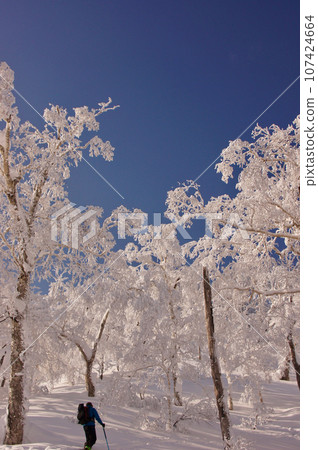 Hokkaido backcountry - blue sky and Mt. Yotei in winter 107424664