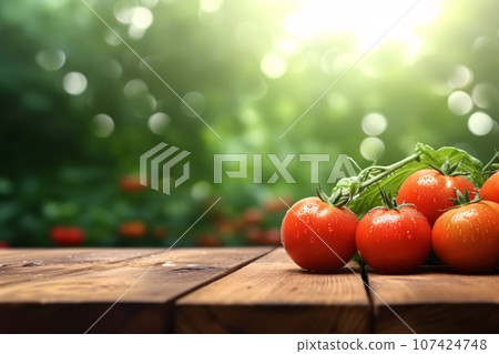 Fresh tomatoes on wooden table at organic farm background. Generative AI 107424748
