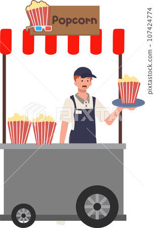 Street Food Vendor.Popcorn Kiosk.  Retro Popcorn Cart with Seller 107424774