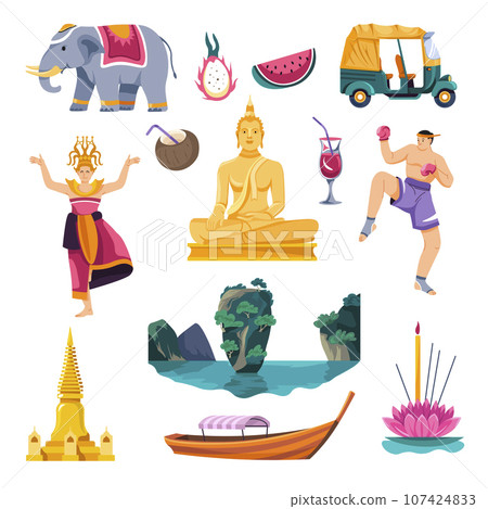 Thailand culture and tourism, landmarks and fruits 107424833