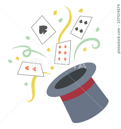 Illustration of playing cards popping out of a top hat 107424874