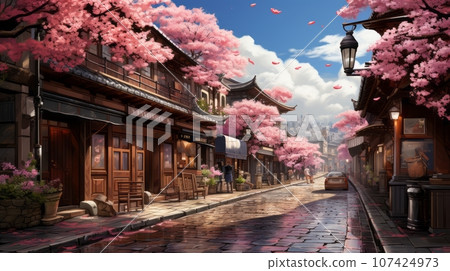 Idyllic Old Japan Street in Spring, Cherry Blossoms Idyllic Old Japan Street in Spring, Cherry Blossoms 107424973